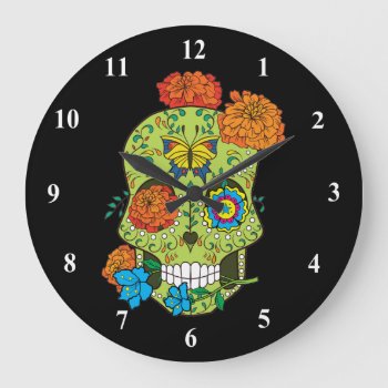 Mexican Tattoo Sugar Skull Rose In Mouth Large Clock by TattooSugarSkulls at Zazzle