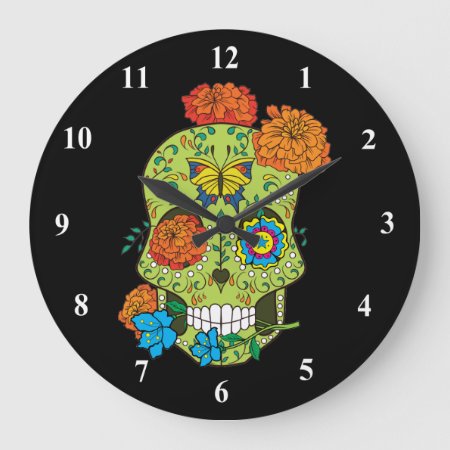 Mexican Tattoo Sugar Skull Rose In Mouth Large Clock