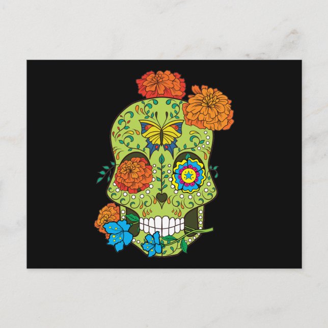 Mexican Tattoo Sugar Skull Rose In Mouth Postcard (Front)