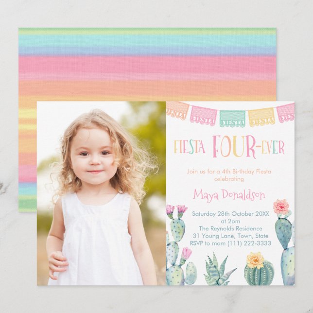 Mexican Theme 4th Birthday Party Fiesta FOUR-ever Invitation (Front/Back)