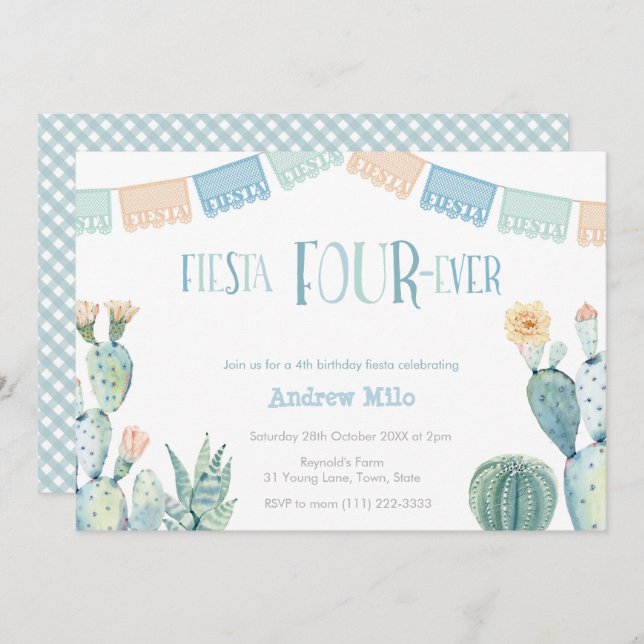 Mexican Theme Fiesta FOURever Boy 4th Birthday Invitation (Front/Back)