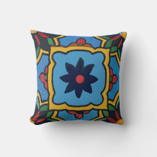 Mexican Tile Blue Flower Throw Pillow