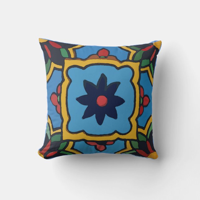 Mexican Tile Blue Flower Throw Pillow (Front)