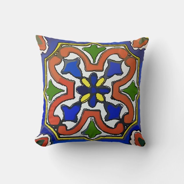 Mexican Tile Blue Throw Pillow (Front)