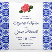 Mexican Tile Coral and Cream Roses Wedding Tri-Fold Invitation (Inside Middle)