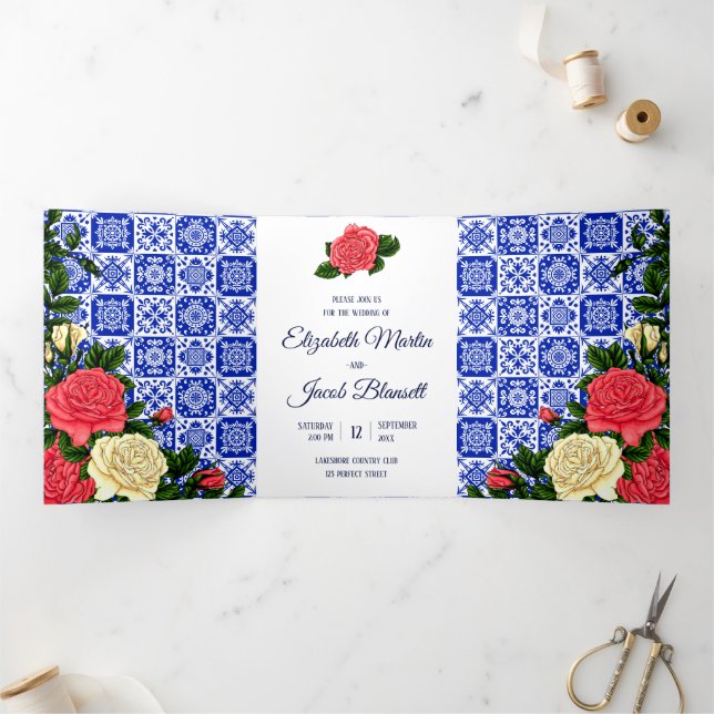 Mexican Tile Coral and Cream Roses Wedding Tri-Fold Invitation (Inside)