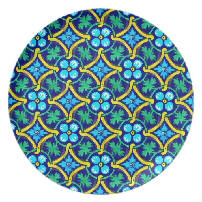 Mexican Tile Design Teal Yellow Floral Print Dinner Plates