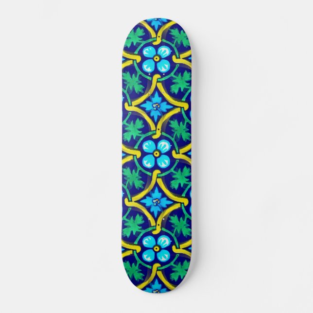 Mexican Tile Design Teal Yellow Floral Print Skateboard Deck (Front)