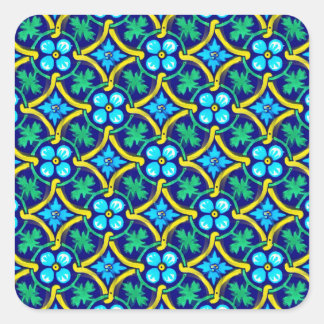 Mexican Tile Design Teal Yellow Floral Print Square Sticker