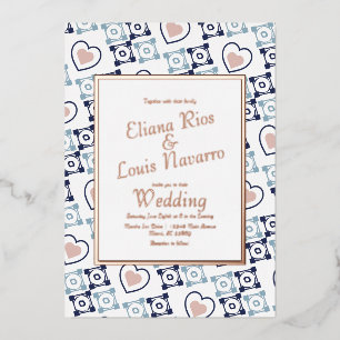Mexican Tile Heart Talavera Blue Wedding Pressed Foil Invitation