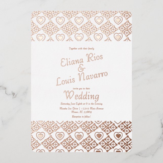 Mexican Tile Hearts Talavera Gold Wedding Pressed  Foil Invitation (Front)