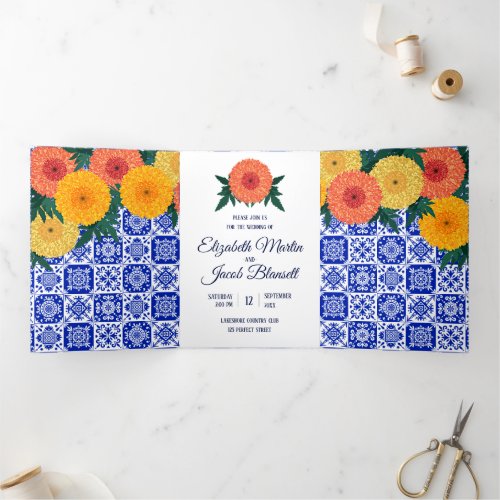 Mexican Tile Marigolds Wedding Tri_Fold Invitation