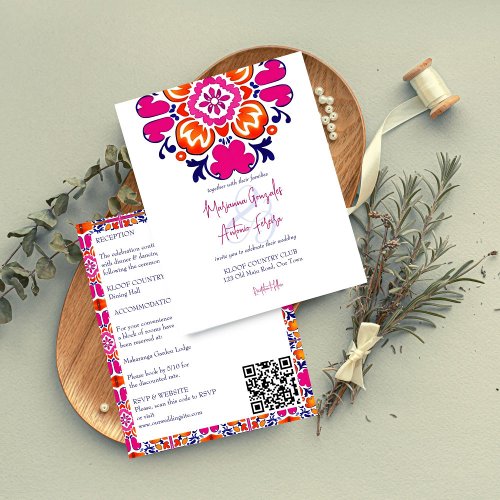 Mexican tile pink budget wedding invite all in one