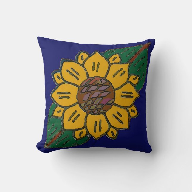 Mexican Tile Sunflower Blue Throw Pillow (Front)