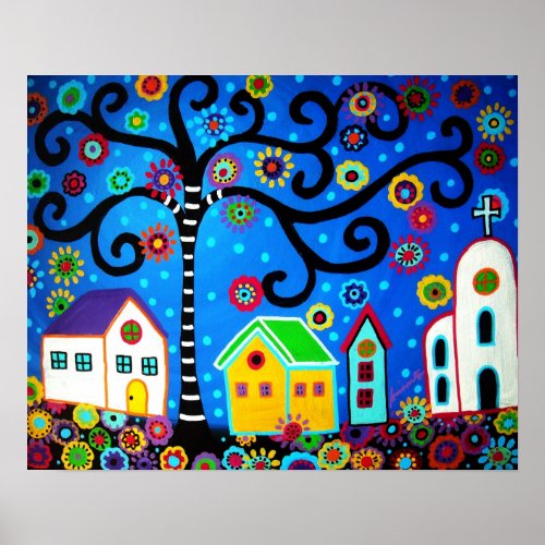 MEXICAN TOWN TREE OF LIFE PAINTING POSTER