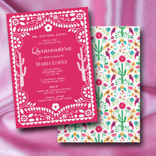 Mexican Traditional Floral Fiesta Pink Quinceañera Invitation