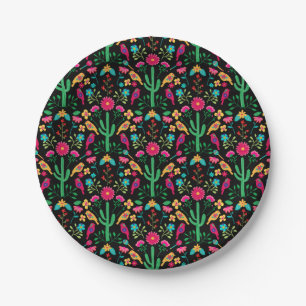 Mexican Traditional Folk Art Bright Colors Black Paper Plates