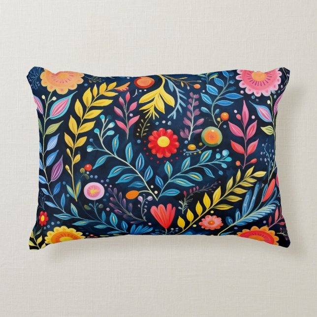 Mexican Tribal blue tapestry floral Accent Pillow. Pillow (Front)