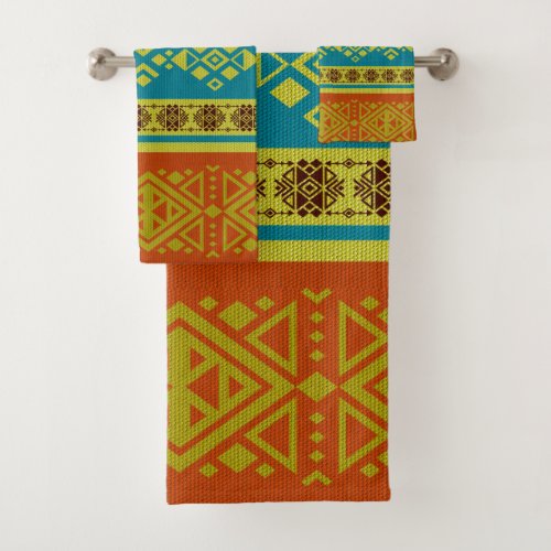 Mexican Tribal Style pattern _Orange and Blue Bath Towel Set