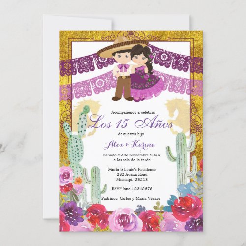 Mexican Twin Birthday Purple Cactus Floral Invitation