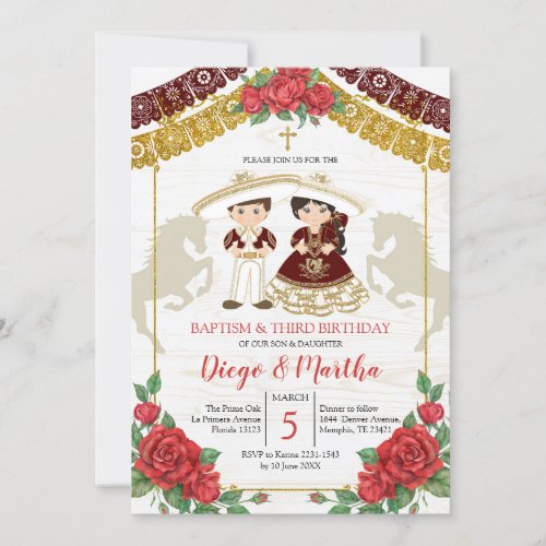 Mexican Twin Burgundy Red Baptism and Birthday Invitation