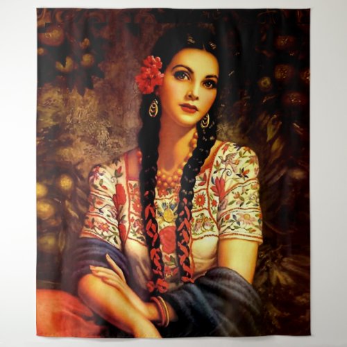 Mexican Vintage Beautiful Pin_Up Girl with Long Br Tapestry