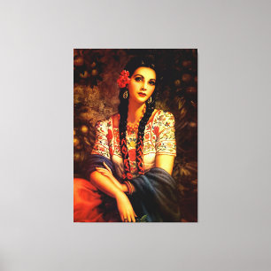 Mexican Vintage Pin-Up Girl with Long Braids Canvas Print