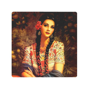 Mexican Vintage Pin-Up Girl with Long Braids Metal Print