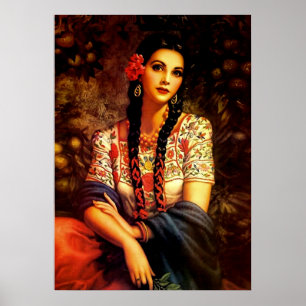 Mexican Vintage Pin-Up Girl with Long Braids Poster