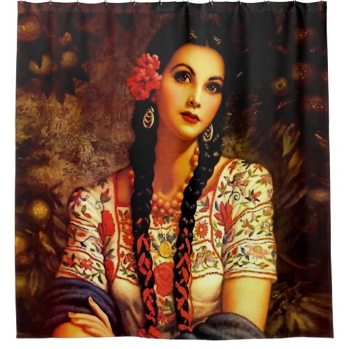 Mexican Vintage Pin_Up Girl with Long Braids   Shower Curtain