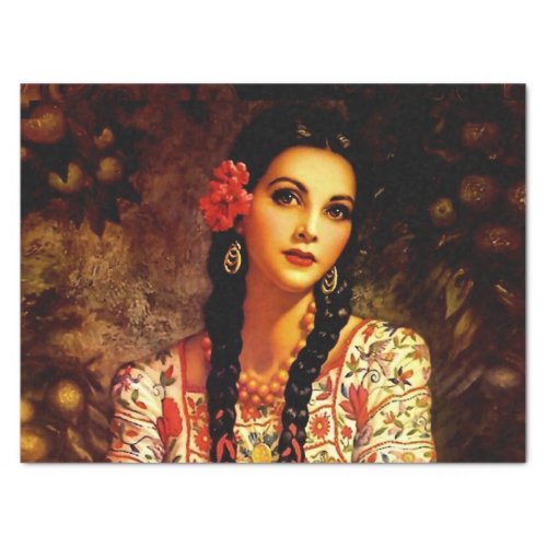 Mexican Vintage Pin_Up Girl with Long Braids  Tissue Paper