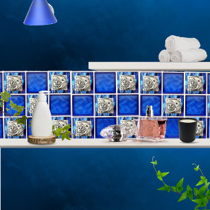 Mexican Vintage Silver Moon & Sun on Blue Ceramic Tile