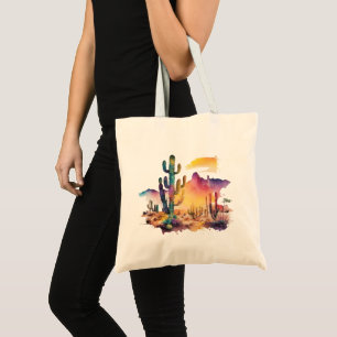 Mexican watercolor desert sunset tote bag