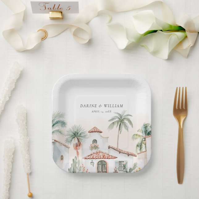 Mexican Watercolor Palm Tree  Destination Wedding Paper Plates (Wedding)