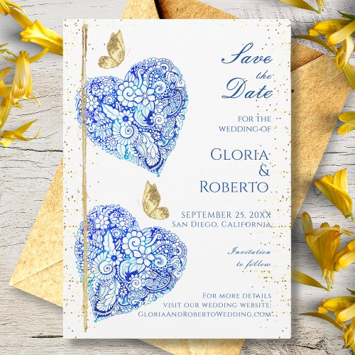 Mexican Wedding Blue Hearts Save the Date Card