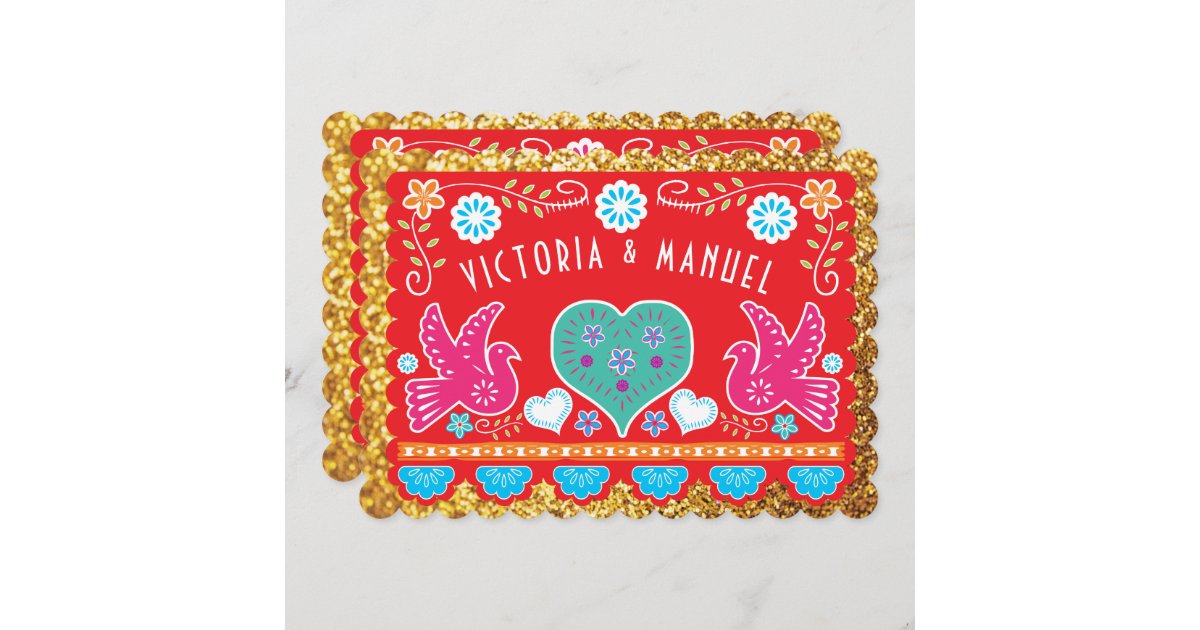 Mexican Wedding Papel Picado Gold Glitter Invitation Zazzle 3568