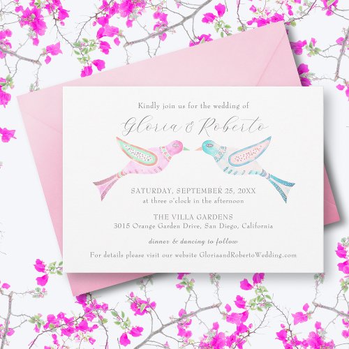 Mexican Wedding Pink  Turquoise Lovebirds  Invitation