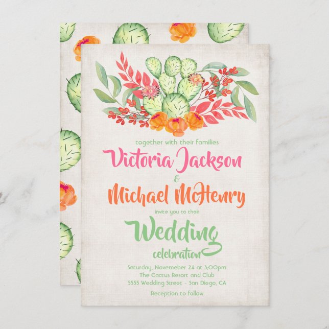 Mexican Wedding Watercolor Cactus Invitations (Front/Back)