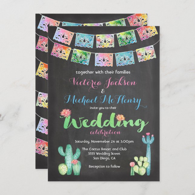 Mexican Wedding Watercolor Cactus Invitations (Front/Back)