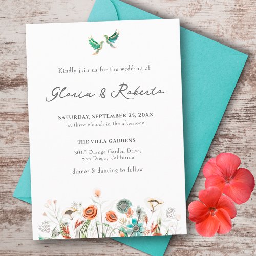 Mexican Wedding Watercolor Lovebirds  Flowers Invitation