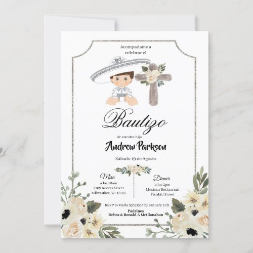 Mexican White Silver Charro Boy Bautizo Invitacion Invitation