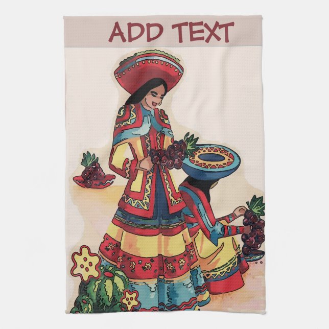 Mexican Women Tile Mural Kitchen Towel (Vertical)