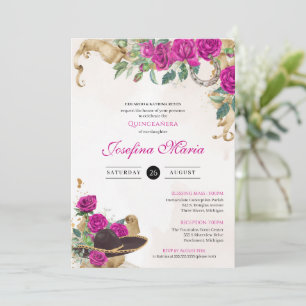 Mexicana Mariachi Charra Magenta Roses Quinceanera Invitation