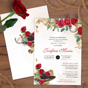 Mexicana Mariachi Charra Red Roses Quinceanera Invitation