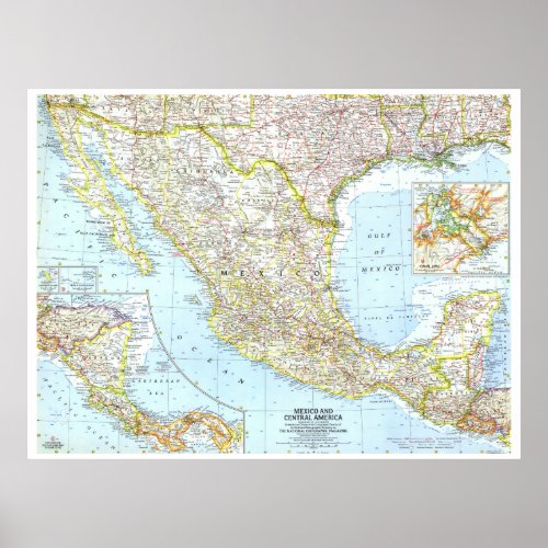  Mexico and Central America 1961 Detailed MAP Poster