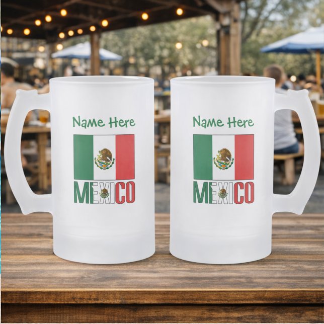 Mexico and Mexican Flag Green Personalization  Frosted Glass Beer Mug (Personalized frosted glass stein with Mexican Flag and MEXICO on both sides. Name above, too.)
