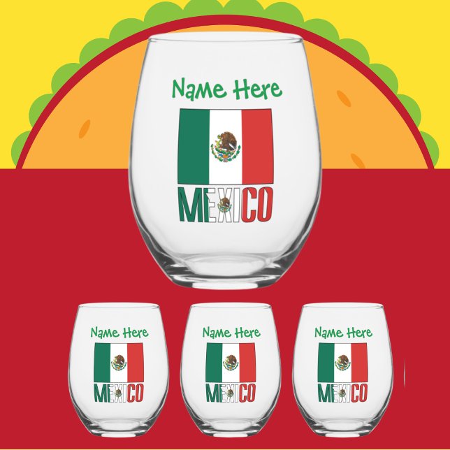 Mexico and Mexican Flag Green Personalization  Stemless Wine Glass (Creator Uploaded)