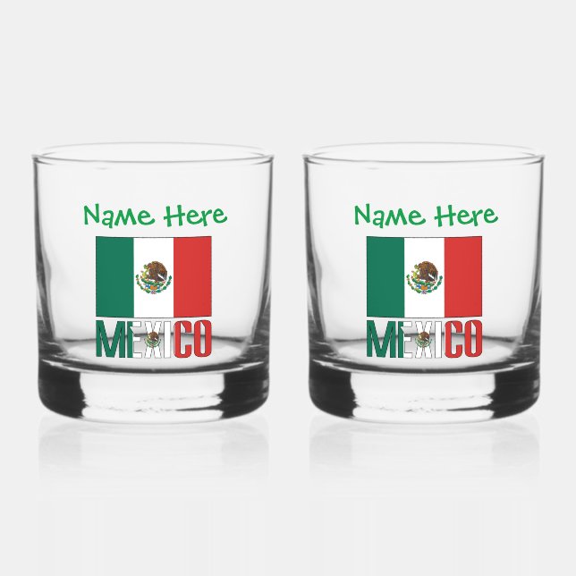 Mexico and Mexican Flag Green Personalization  Whiskey Glass (Front)