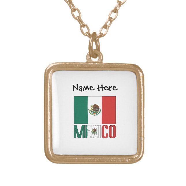 Mexico and Mexican Flag Personalized  Gold Plated Necklace (Front)