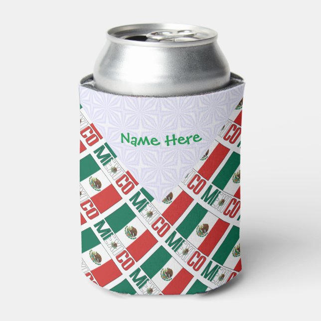 Mexico and Mexican Flag Tiled Green Personalized Can Cooler (Can Front)
